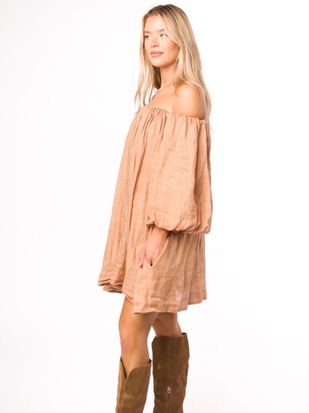 100% Linen Off-Shoulder TAN Mini Dress with Balloon Sleeves NWT!